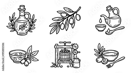 olive oil line vector set. black color sketches style on white background. Vector illustration.