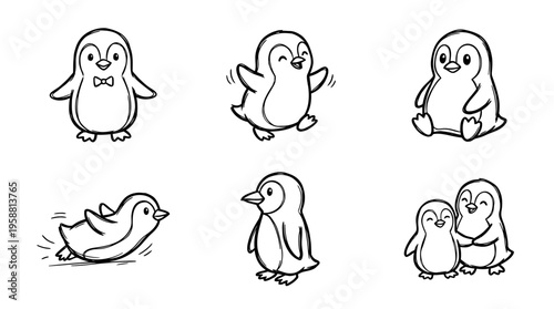 penguin line vector set. black color sketches style on white background. Vector illustration.