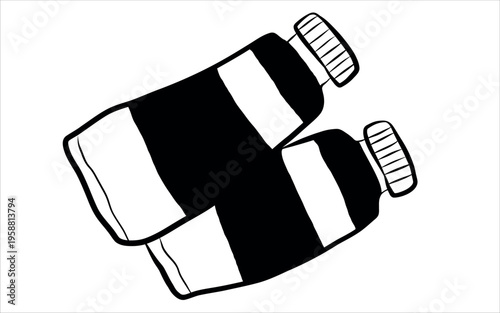 Acrylic paint tubes vector line art doodle, oil color bottle pair icon, artist equipment sketch, hand drawn ink tubes