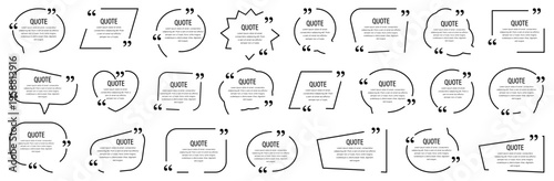 Quote bubbles collection. Hand drawn speech shapes with quotation marks and text. Minimal line frames for messages and comments