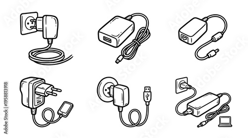 power adapter line vector set. black color sketches style on white background. Vector illustration.