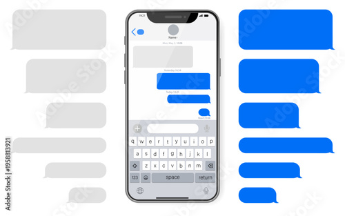 Chat interface template. Smartphone screen with message bubbles and typing layout. Modern messaging app concept with clean minimal design