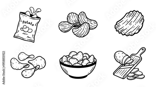 potato chips line vector set. black color sketches style on white background. Vector illustration.