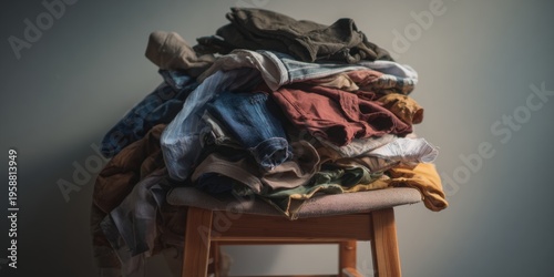A collection of folded and colorful clothes sitting on a chair, likely sorted for laundry or organization.