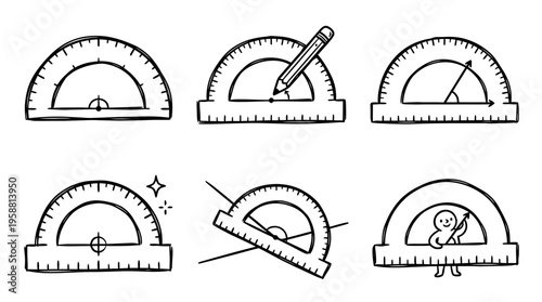 protractor line vector set. black color sketches style on white background. Vector illustration.