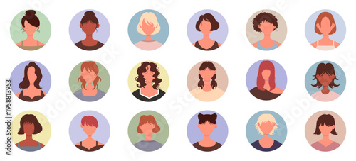 Female avatars collection. Flat portraits of women with different hairstyles and skin tones. Minimal character icons in modern style