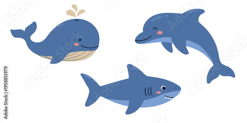 Cute Sea Animals Vector Set: Blue Whale, Dolphin, and Shark Flat Illustrations for Kids, Nursery Design, and Educational Materials.