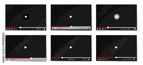 Video player interface collection. Media playback screens with controls and progress bar. Modern streaming layout with play button and timeline
