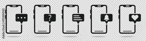 Mobile notifications collection. Smartphone icons with message bubbles and alerts. Minimal interface symbols for communication and updates