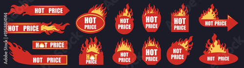 Hot price labels collection. Red tags with fire elements and bold typography. Promotional discount stickers for sales and special offers