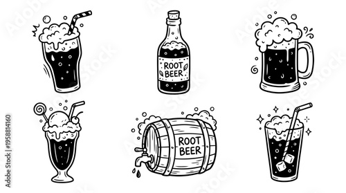 root beer line vector set. black color sketches style on white background. Vector illustration.