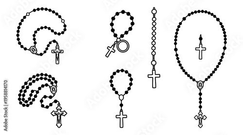 rosary beads line vector set. black color sketches style on white background. Vector illustration.