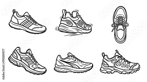 running shoes line vector set. black color sketches style on white background. Vector illustration.