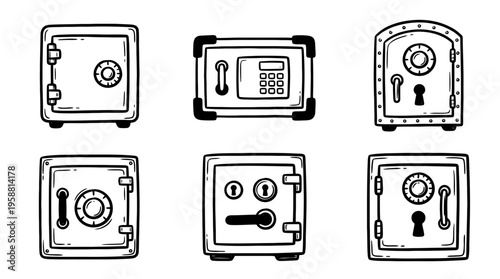 safe box line vector set. black color sketches style on white background. Vector illustration.