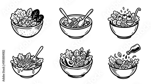 salad bowl line vector set. black color sketches style on white background. Vector illustration.