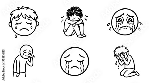sad crying line vector set. black color sketches style on white background. Vector illustration.