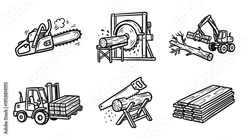 sawmill line vector set. black color sketches style on white background. Vector illustration.