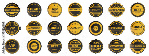 Premium badges collection. Gold and black labels with quality and vip text. Elegant elements for branding, certification and luxury product design