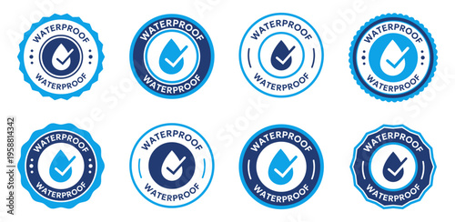Waterproof badges collection. Blue round labels with water drop and check mark symbols. Quality certification seals in clean modern style