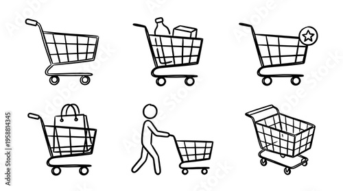 shopping cart line vector set. black color sketches style on white background. Vector illustration.