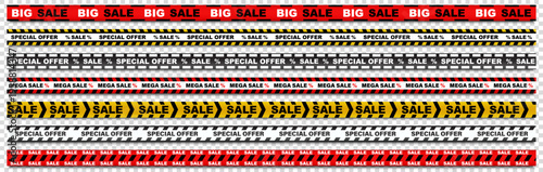 Sale banner strips collection. Repeating text ribbons with discount and promotion themes. Industrial caution style elements for marketing and advertising design