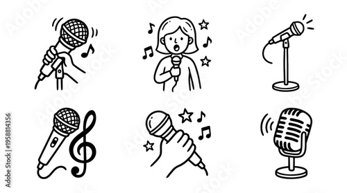 singing microphone line vector set. black color sketches style on white background. Vector illustration.