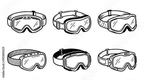 ski goggles line vector set. black color sketches style on white background. Vector illustration.