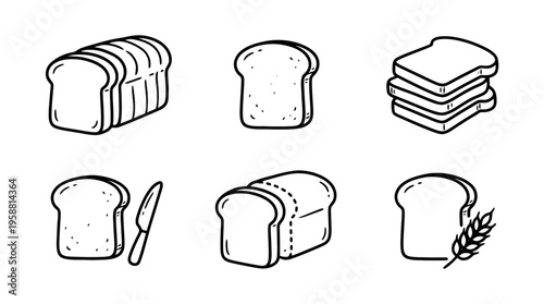sliced bread line vector set. black color sketches style on white background. Vector illustration.