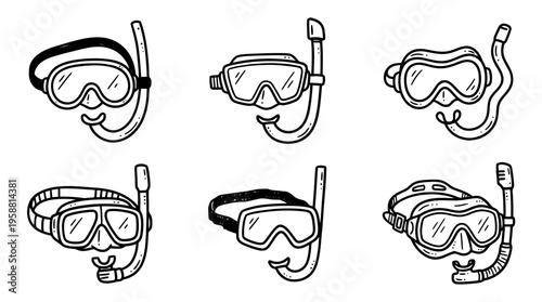 snorkel mask line vector set. black color sketches style on white background. Vector illustration.