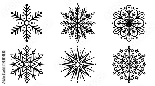 snowflake crystal line vector set. black color sketches style on white background. Vector illustration.