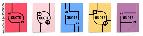 Quote cards collection. Colorful square templates with speech marks and text layout. Modern abstract frames for social media quotes