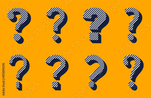 Question marks collection. Stylized punctuation symbols with striped texture and shadow. Modern graphic elements for uncertainty and inquiry concepts