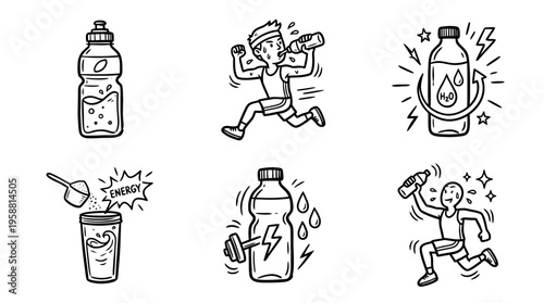 sports drink line vector set. black color sketches style on white background. Vector illustration.