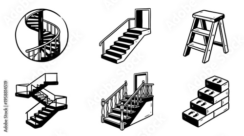staircase line vector set. black color sketches style on white background. Vector illustration.
