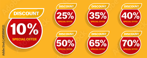 Discount badges collection. Red sale labels with percentage values and special offer text. Promotional elements for marketing and retail advertising