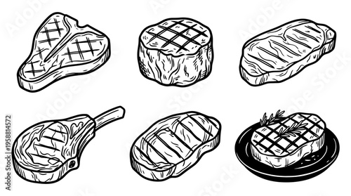 steak line vector set. black color sketches style on white background. Vector illustration.
