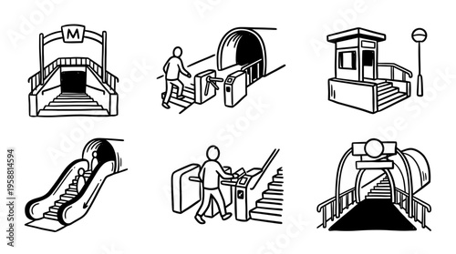 subway entrance line vector set. black color sketches style on white background. Vector illustration.