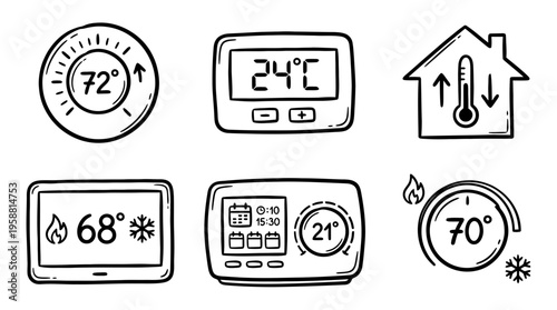 thermostat control line vector set. black color sketches style on white background. Vector illustration.