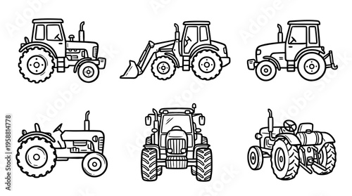 tractor line vector set. black color sketches style on white background. Vector illustration.