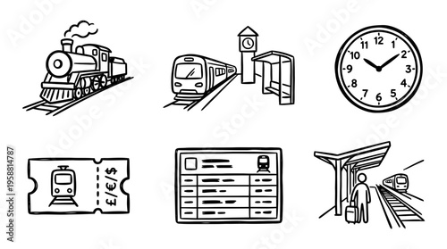 train station line vector set. black color sketches style on white background. Vector illustration.