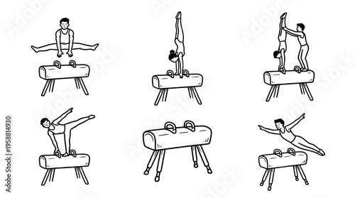 vaulting horse line vector set. black color sketches style on white background. Vector illustration.