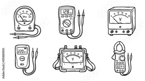 volt meter line vector set. black color sketches style on white background. Vector illustration.