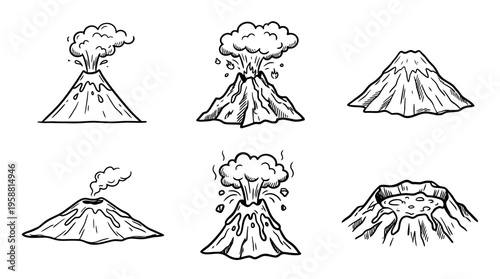 volcano line vector set. black color sketches style on white background. Vector illustration.