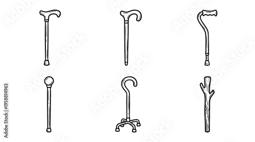 walking stick line vector set. black color sketches style on white background. Vector illustration.