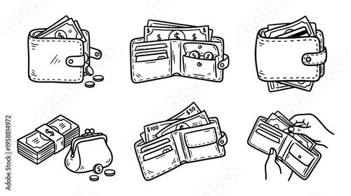 wallet with cash line vector set. black color sketches style on white background. Vector illustration.