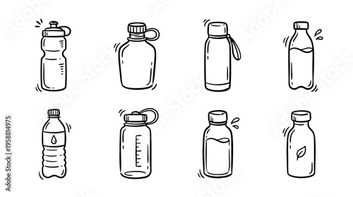 water bottle line vector set. black color sketches style on white background. Vector illustration.