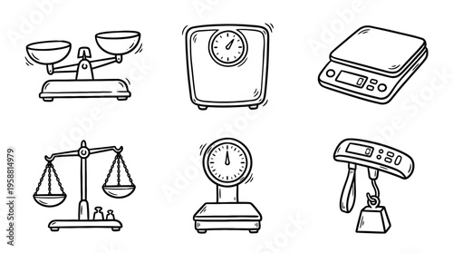 weighing scale line vector set. black color sketches style on white background. Vector illustration.