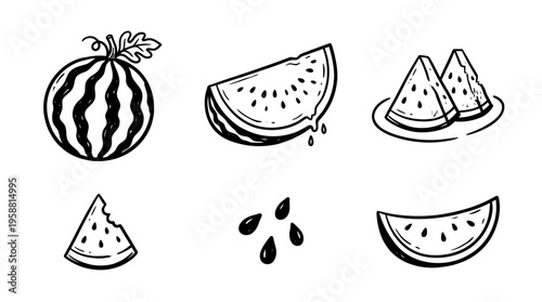 watermelon line vector set. black color sketches style on white background. Vector illustration.