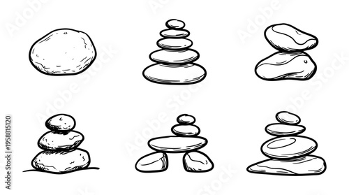 zen stones line vector set. black color sketches style on white background. Vector illustration.