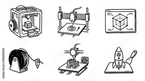 3d printer line vector set. black color sketches style on white background. Vector illustration.